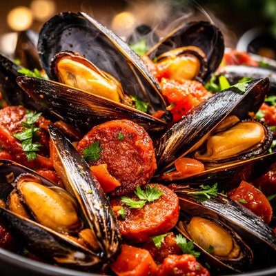 Image of Mussels with Chorizo Tomato and Wine