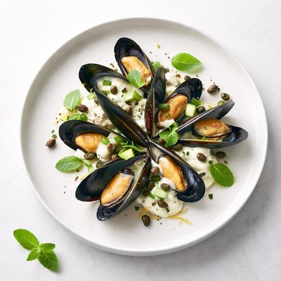 Image of Mussels with Greek Yogurt Capers and Mint