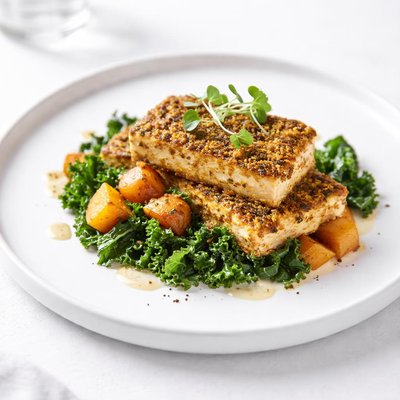 Image of Mustard Crusted Tofu with Kale and Sweet Potato
