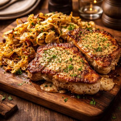 Image of Mustard Pork Chops with Crispy Cabbage