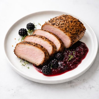 Image of Mustard Rubbed Pork Loin with Blackberry Mustard Sauce