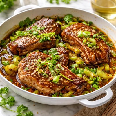 Image of Mustard Soy Braised Pork Chops with Celery