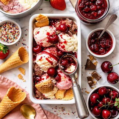 Image of Neapolitan Ice Cream with Cherry Sauce