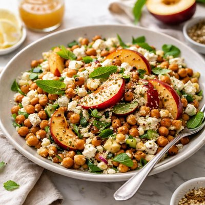 Image of Nectarine and Chickpea Couscous Salad with Honey Cumin Dressing