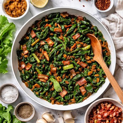 Image of Neelys Braised Mustard Greens with Bacon and Raisins