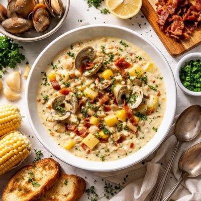 Image of New England Clam and Corn Chowder with Herbs