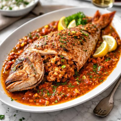 Image of New Orleans Baked Stuffed Red Snapper with Creole Sauce
