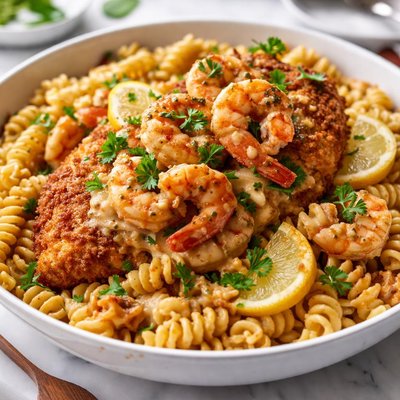 Image of New Orleans Paneed Chicken with Shrimp and Fusilli