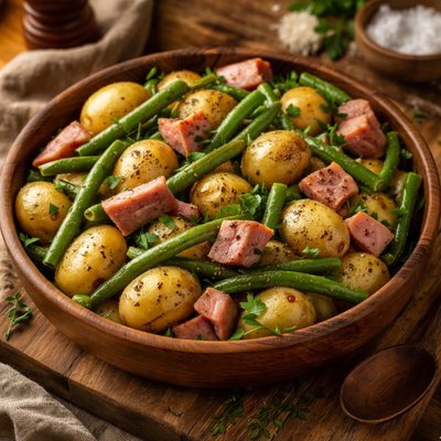 Image of New Potatoes Green Beans and Ham