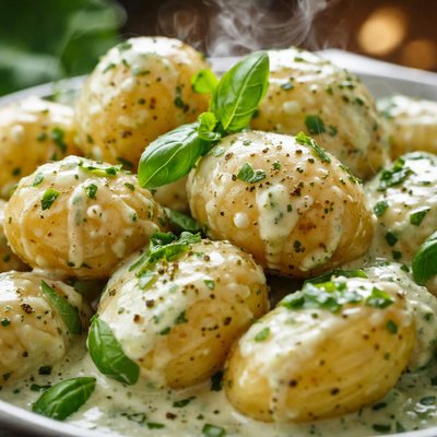 Image of New Potatoes with Basil Cream Sauce