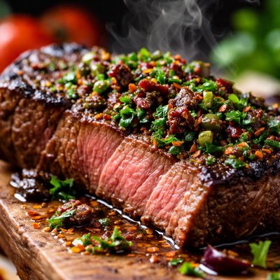 Image of New York Strip Steak with Kalamata Olive Chimichurri