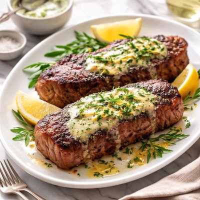 Image of New York Strip Steaks with Tarragon Melting Sauce