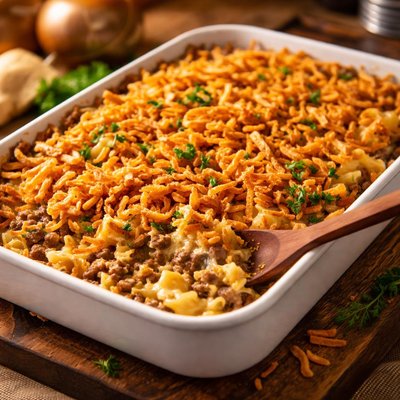 Image of Newlywed Hamburger Casserole with French Fried Onions