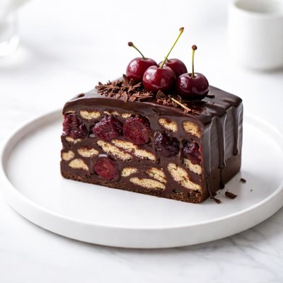 Image of No Bake Cherry Chocolate Biscuit Cake