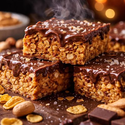 Image of No Bake Chocolate Peanut Butter Corn Flake Bars
