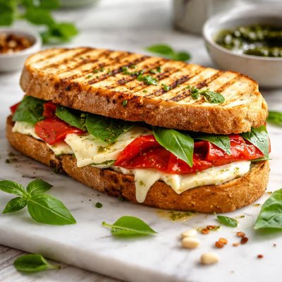 Image of No Press Panini with Mozzarella Roasted Red Pepper and Basil