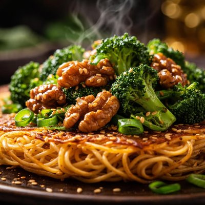 Image of Noodle Pancake with Stir Fried Broccoli and Tamari Walnuts