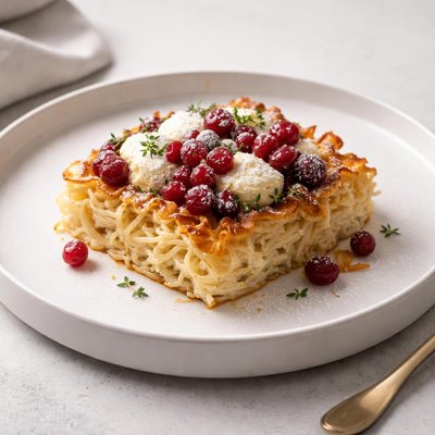Image of Noodle Pudding with Farmer Cheese and Lingonberries