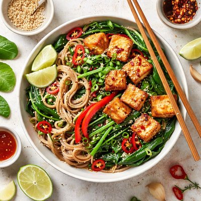 Image of Noodles and Spinach with Tofu