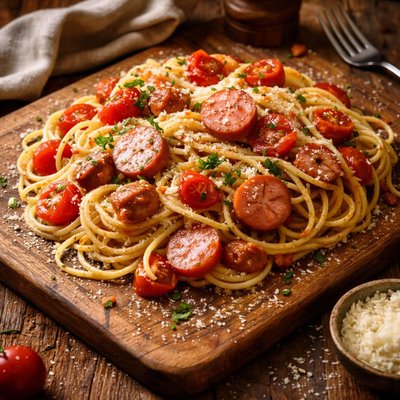 Image of Noodles Tomatoes and Hot Dogs