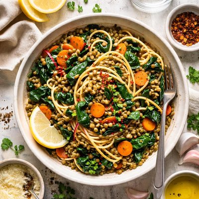 Image of Noodles with Lentils Carrots and Swiss Chard