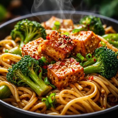 Image of Noodles with Stir Fried Tofu and Broccoli