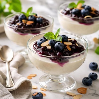 Image of Norwegian Almond Cream with Blueberry Sauce Mandel Pudding