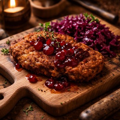 Image of Norwegian Fried Venison Cutlet with Currant Sauce Braised Red Cabbage