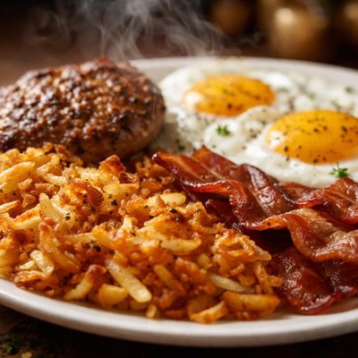 Image of Oamc Hash Browns Sausage Bacon and Eggs