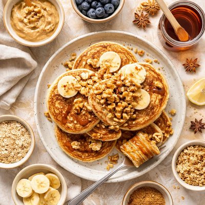 Image of Oatmeal Pancakes with Walnut Butter