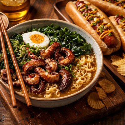 Image of Octopus and Seaweed Ramen Noodles and Hot Dogs