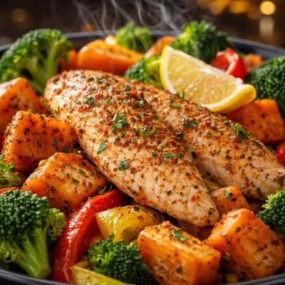 Image of Old Bay Tilapia Sweet Potatoes and Veggies