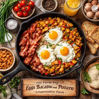Image of Old Farm Fry Eggs Bacon and Potato Longmeadow Farm