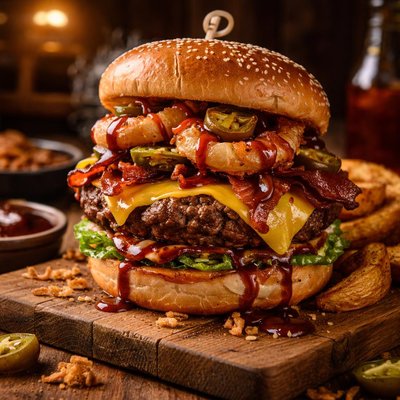 Image of Old School Meets New Cheesy Onion Spicy Bbq Burger