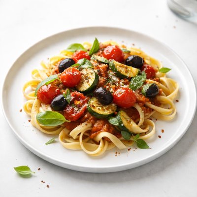 Image of Olives Tomatoes and Zucchini Red Sauce Over Fettuccini