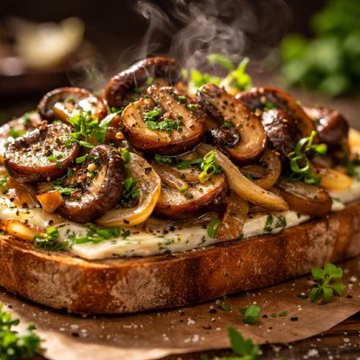 Image of Olsmorgas Open Face Mushroom and Onion Sandwich