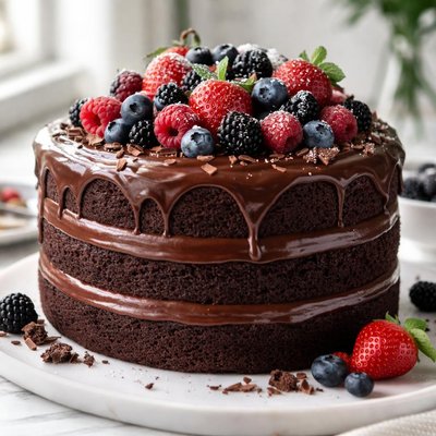 Image of One Bowl Double Chocolate Triple Layer Cake with Berries