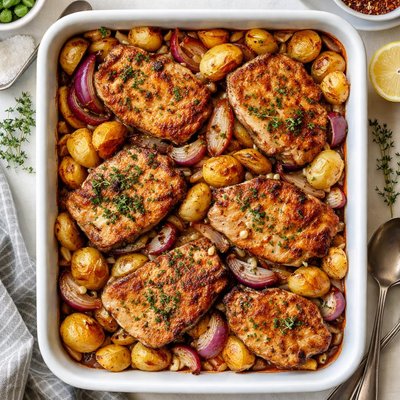 Image of One Dish Pork Chops Potatoes and Onions
