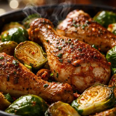Image of One Pan Crispy Chicken Legs and Brussels Sprouts
