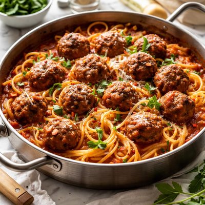 Image of One Pan Pasta and Meatballs