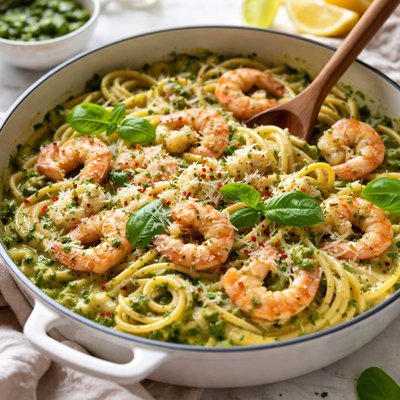 Image of One Pan Pasta with Creamy Shrimp and Pesto Sauce