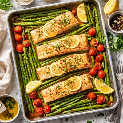 Image of One Pan Salmon with Roast Asparagus