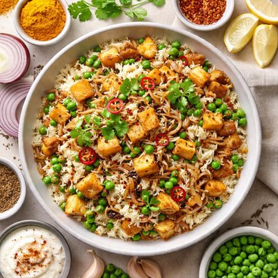 Image of Onion Rice with Peas and Fried Potatoes