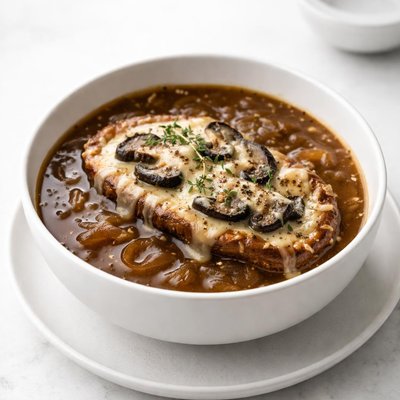 Image of Onion Soup with Portabella Swiss Cheese Topping