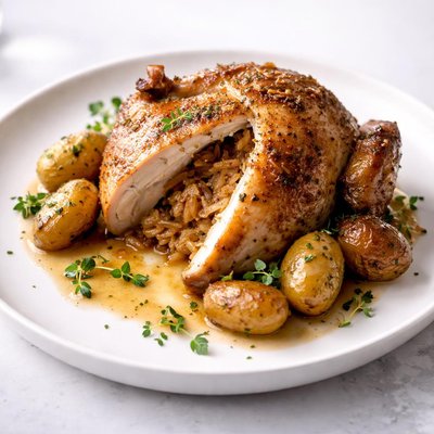 Image of Onion Stuffed Roast Chicken with Potatoes