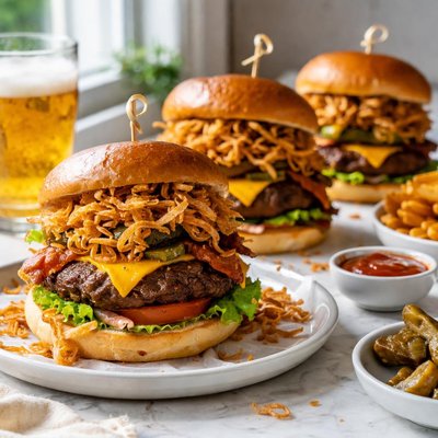 Image of Onion Topped Beer Burgers