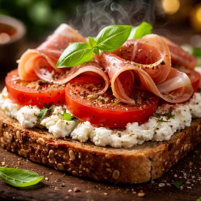 Image of Sándwich vegetariano abierto con tomate y prosciutto