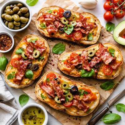 Image of Open Face Bacon Cheese and Olive Sandwiches