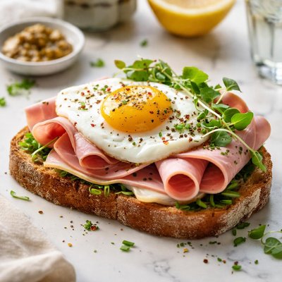 Image of Open Face Danish Ham and Egg Sandwich
