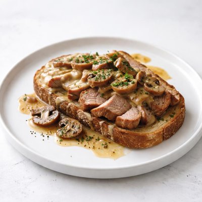 Image of Open Face Sliced Pork N Mushroom Sandwich with Gravy